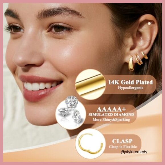 14K Gold Plated Chunky Hoop Earrings Hypoallergenic Silver Studs Set - Picture 3 of 7